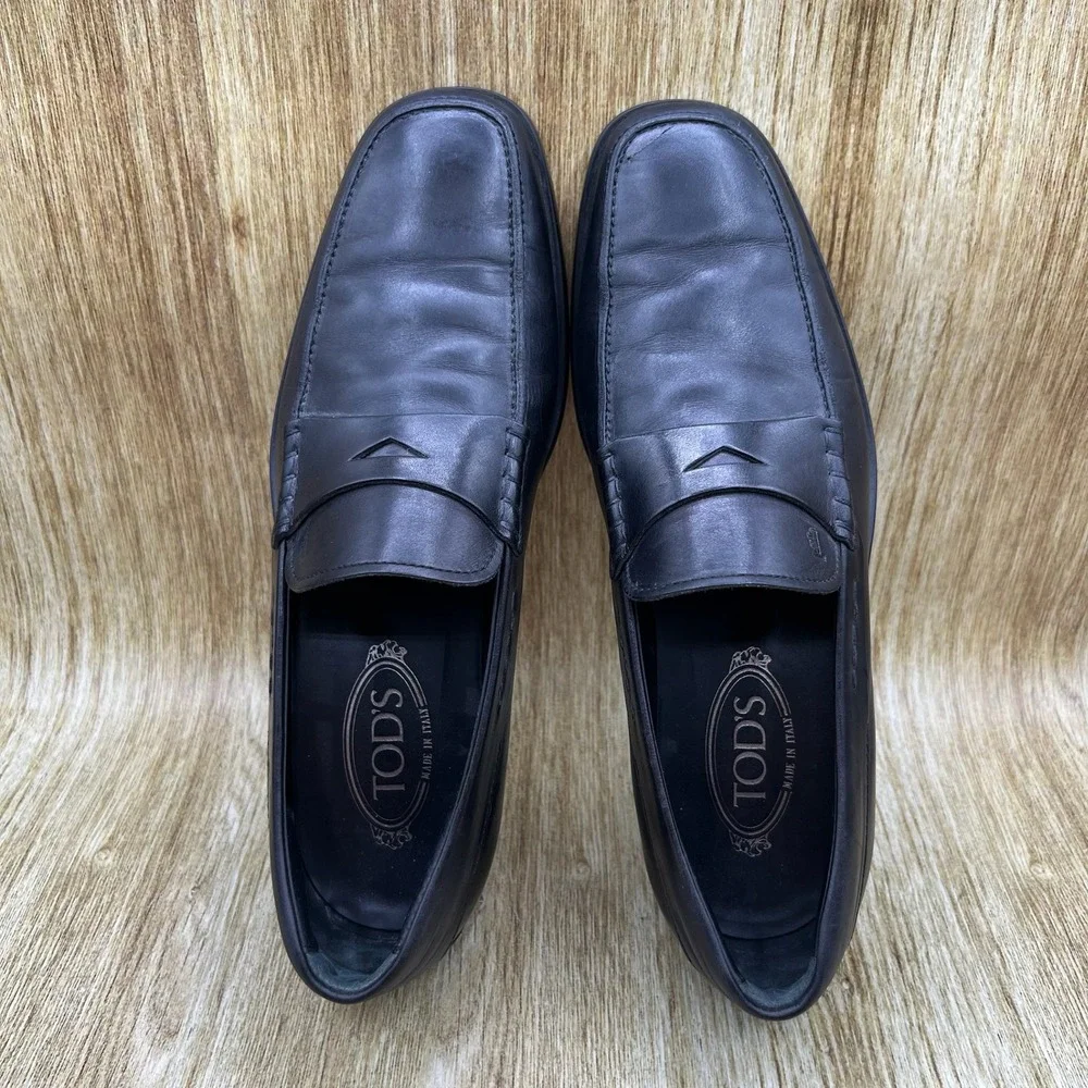Tods Penny Loafers Men's Size 8 Black Leather Gommino Driving Shoes Italy